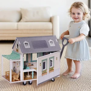 Wooden Dollhouse with Wheels